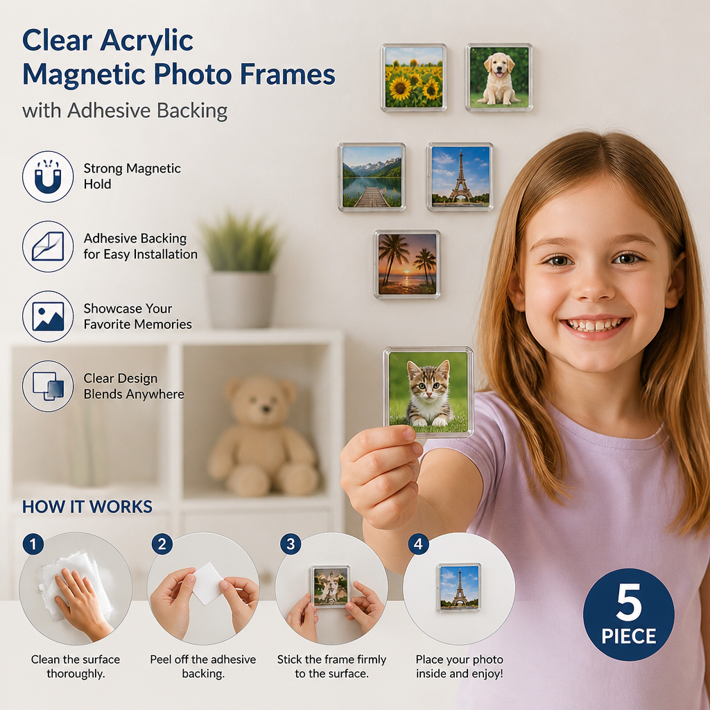 Clear Acrylic Magnetic Photo Frames with Adhesive Backing