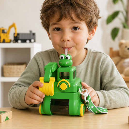 TinyExcavators Excavator-Shaped Water Bottle with Straw for Kids