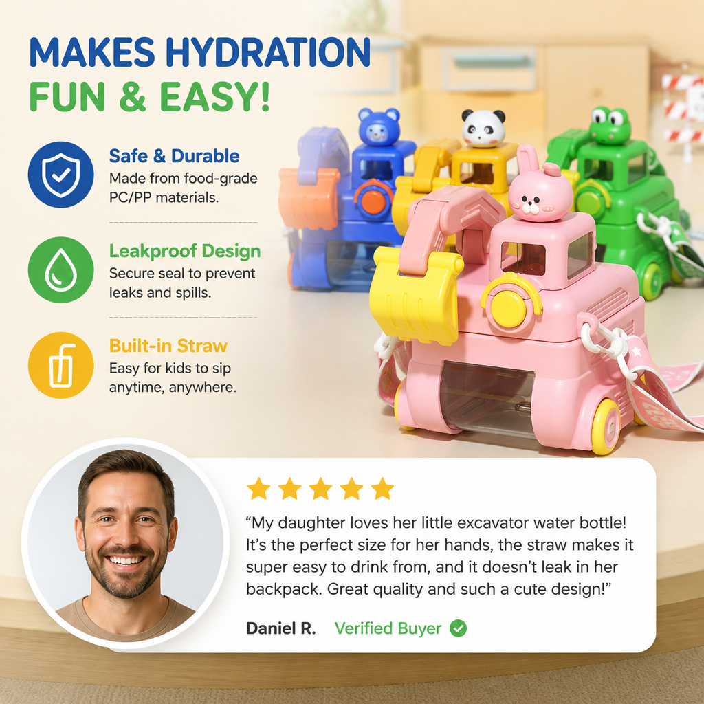 TinyExcavators Excavator-Shaped Water Bottle with Straw for Kids