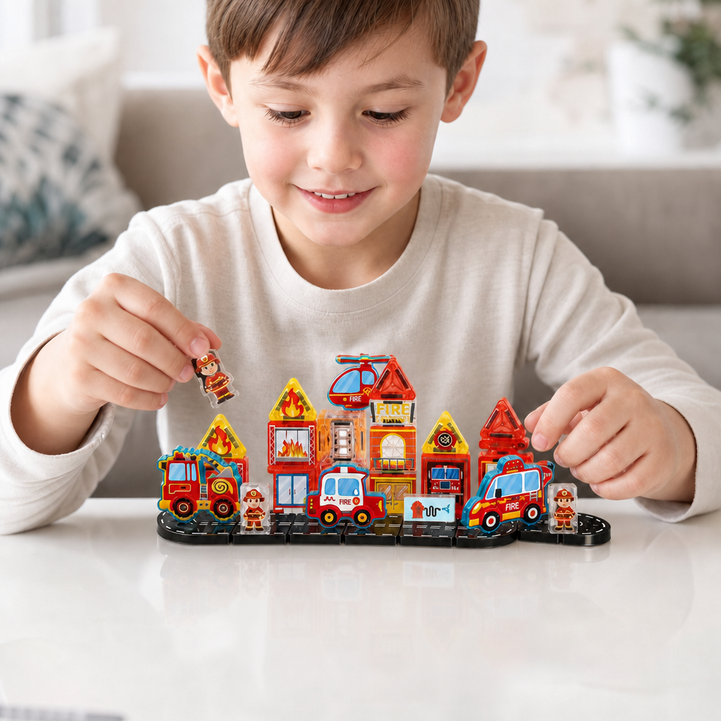 40-Piece Travel-Sized Magnetic Building Set with Construction, Fire & Police Vehicles
