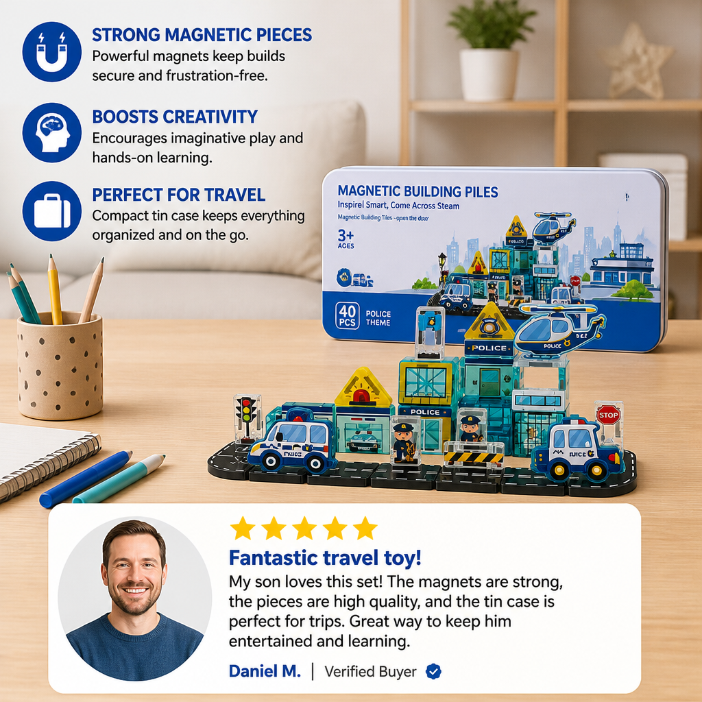 40-Piece Travel-Sized Magnetic Building Set with Construction, Fire & Police Vehicles