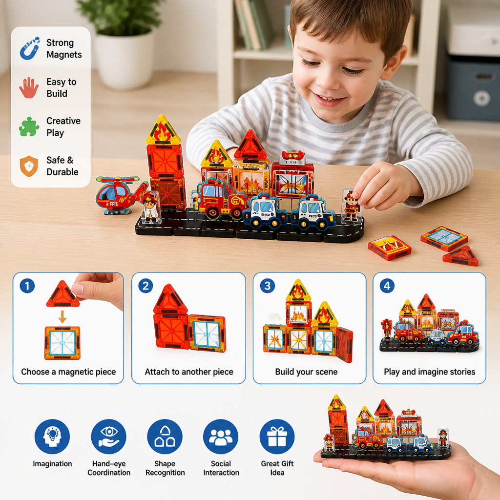 40-Piece Travel-Sized Magnetic Building Set with Construction, Fire & Police Vehicles