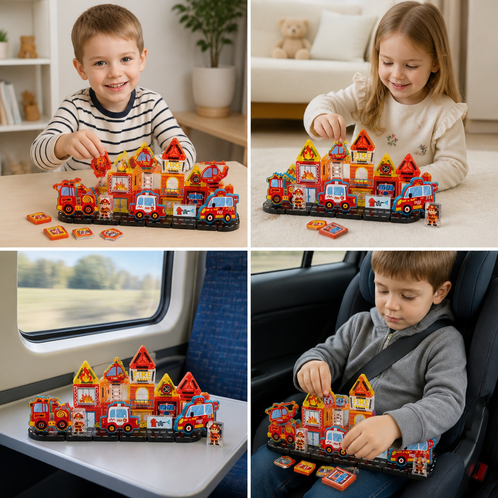 40-Piece Travel-Sized Magnetic Building Set with Construction, Fire & Police Vehicles