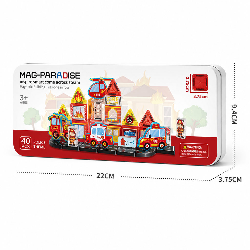 40-Piece Travel-Sized Magnetic Building Set with Construction, Fire & Police Vehicles