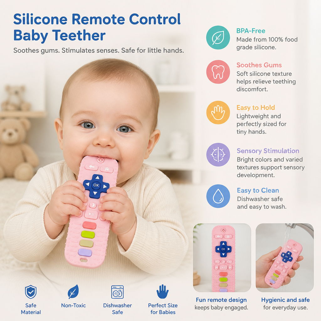 Silicone Remote Control Baby Teether – BPA-Free Sensory Chew Toy