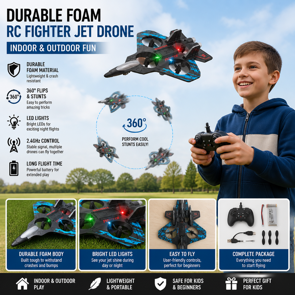 Durable Foam RC Fighter Jet Drone for Indoor & Outdoor Flying – 360° Flips & LED Lights