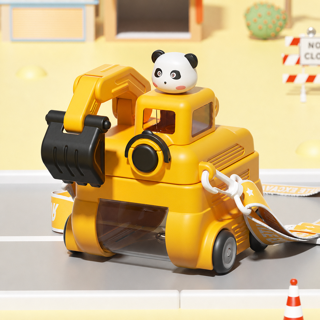 TinyExcavators Excavator-Shaped Water Bottle with Straw for Kids