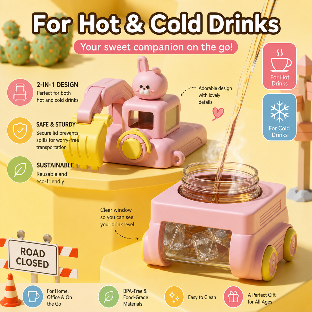 TinyExcavators Excavator-Shaped Water Bottle with Straw for Kids