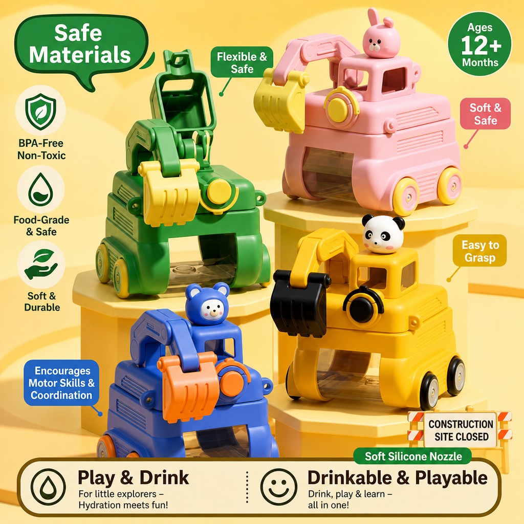 TinyExcavators Excavator-Shaped Water Bottle with Straw for Kids