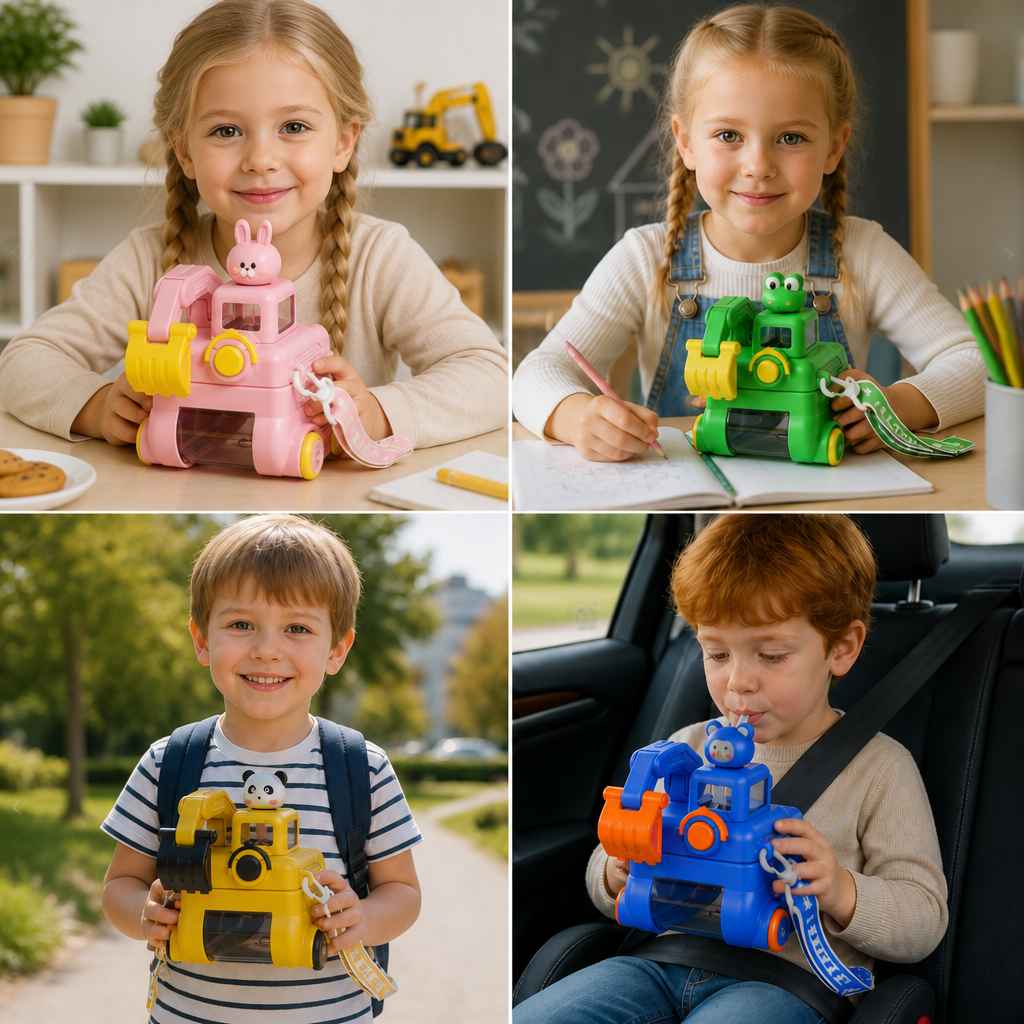 TinyExcavators Excavator-Shaped Water Bottle with Straw for Kids