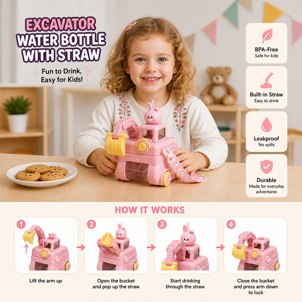 TinyExcavators Excavator-Shaped Water Bottle with Straw for Kids