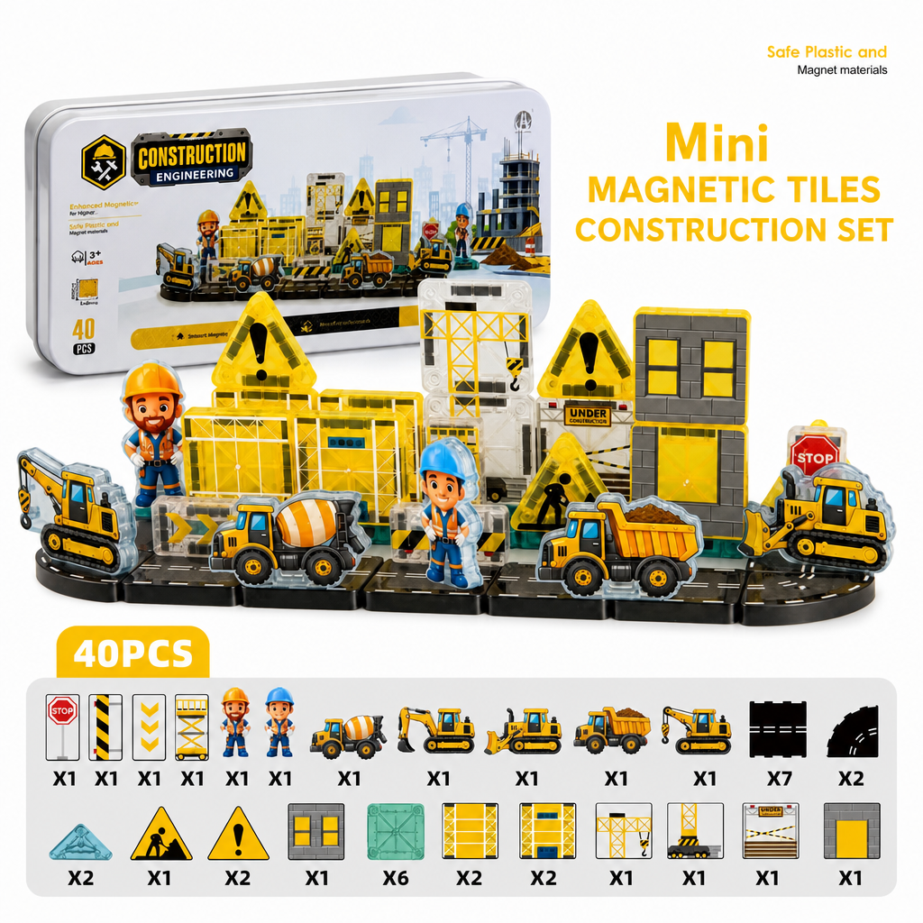 40-Piece Travel-Sized Magnetic Building Set with Construction, Fire & Police Vehicles