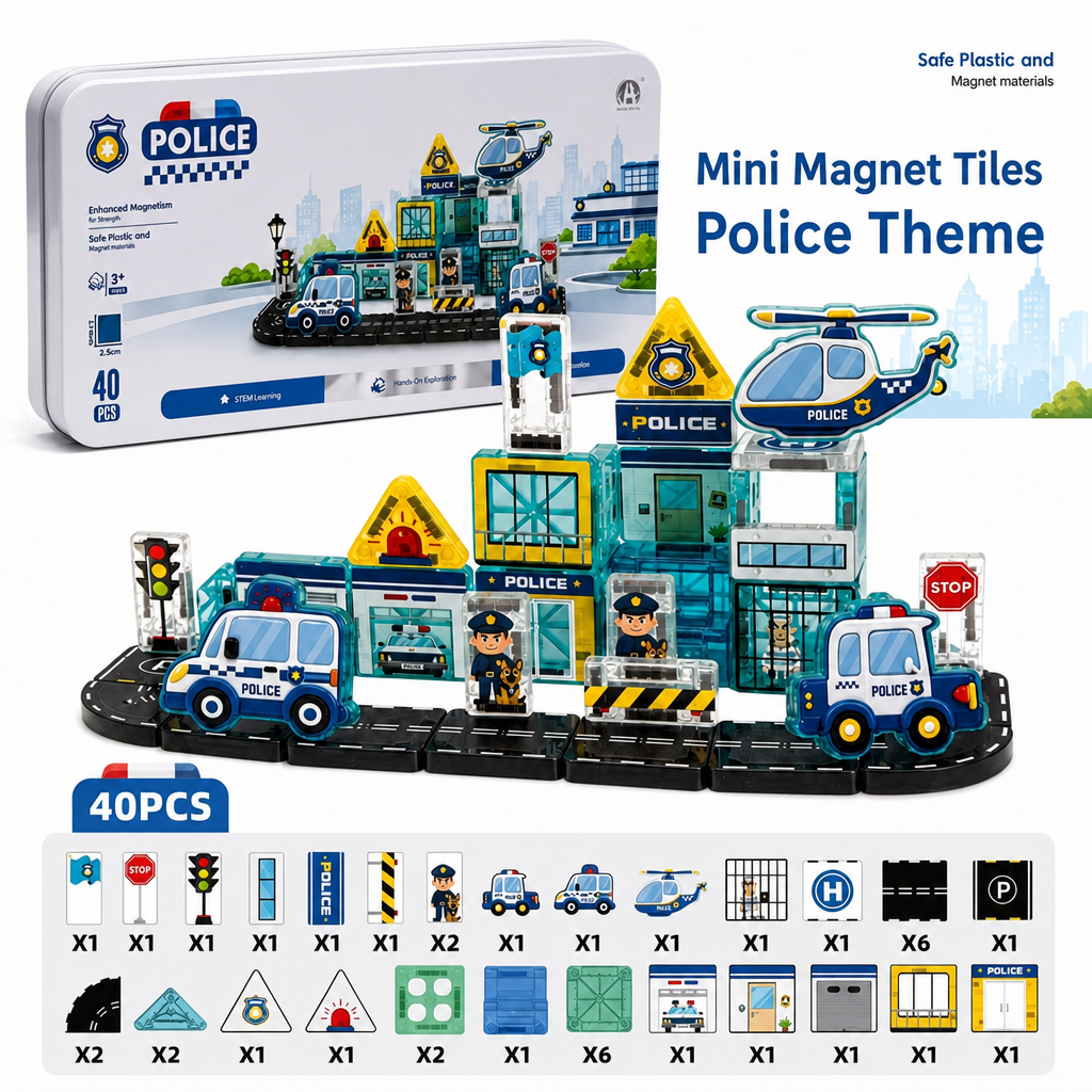 40-Piece Travel-Sized Magnetic Building Set with Construction, Fire & Police Vehicles