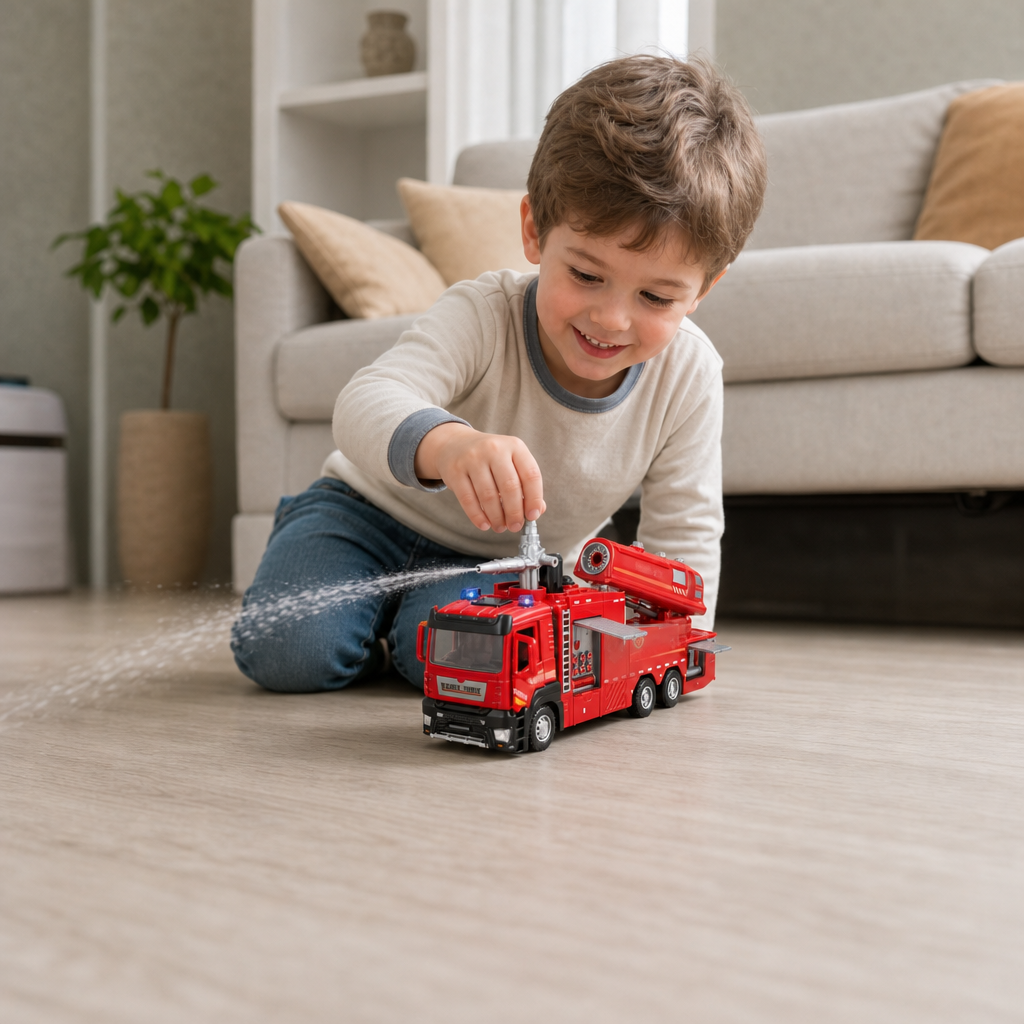 Pull-Back Fire Truck Toy with Water Spray, Lights & Sounds