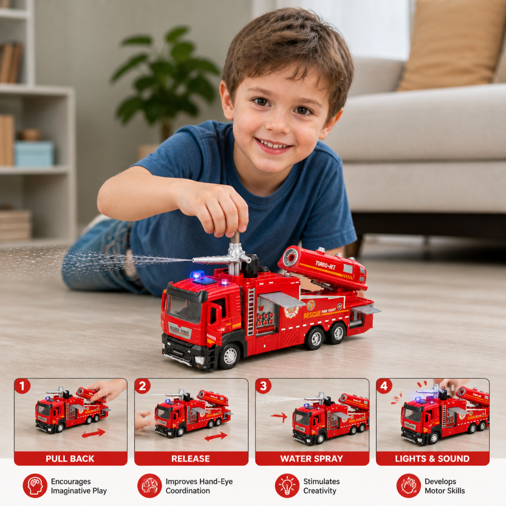 Pull-Back Fire Truck Toy with Water Spray, Lights & Sounds