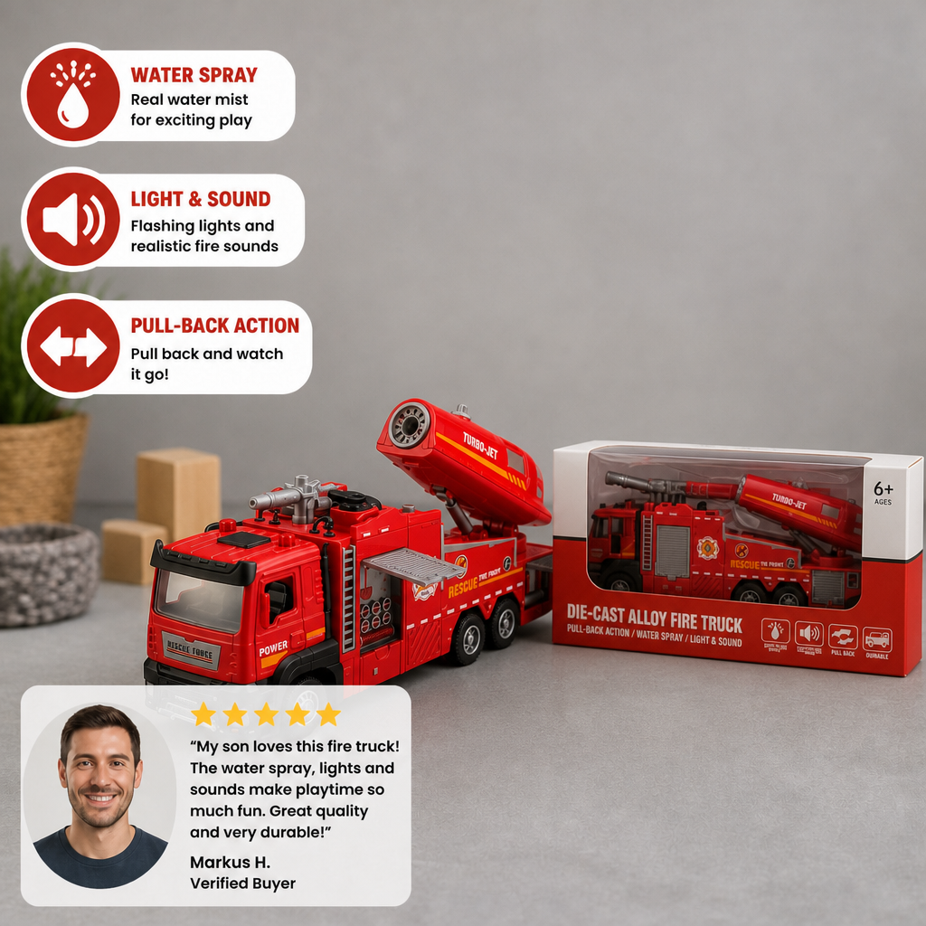 Pull-Back Fire Truck Toy with Water Spray, Lights & Sounds