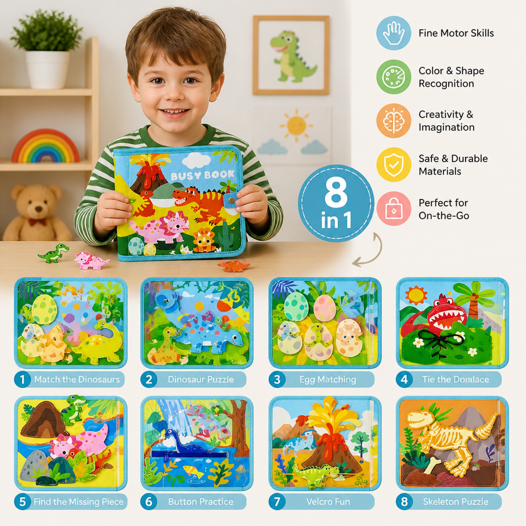 8-in-1 Montessori Dinosaur Busy Board Activity Book for Toddlers