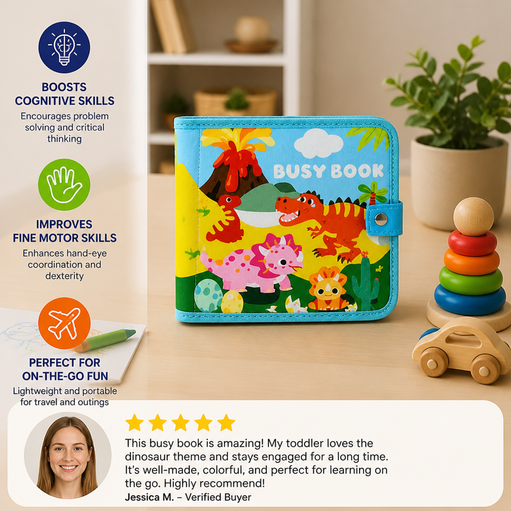 8-in-1 Montessori Dinosaur Busy Board Activity Book for Toddlers