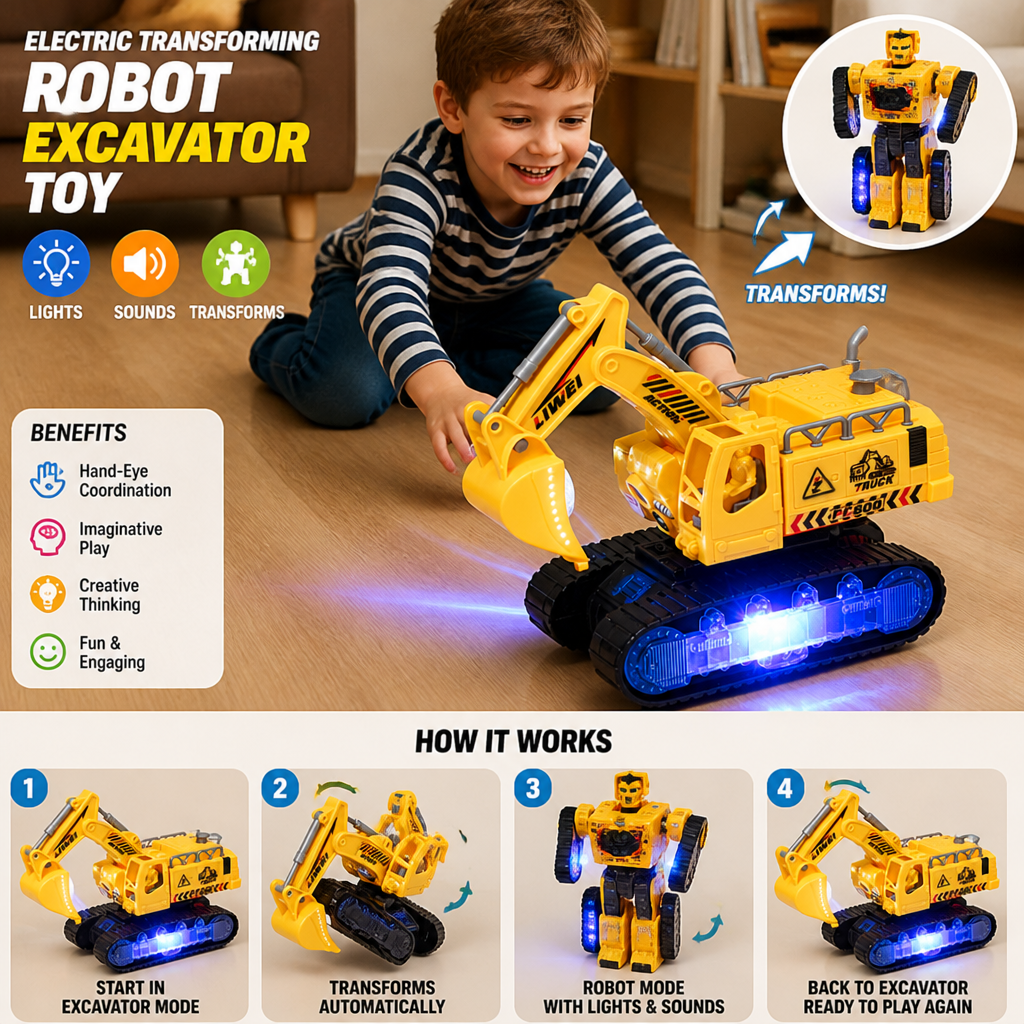 Electric Transforming Robot Excavator Toy with Lights & Sounds
