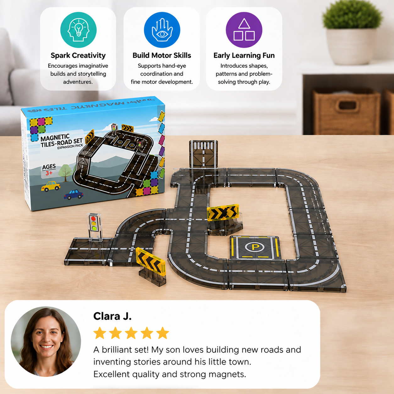 Magnetic Tiles & Building Blocks Set with Roads & Traffic Lights