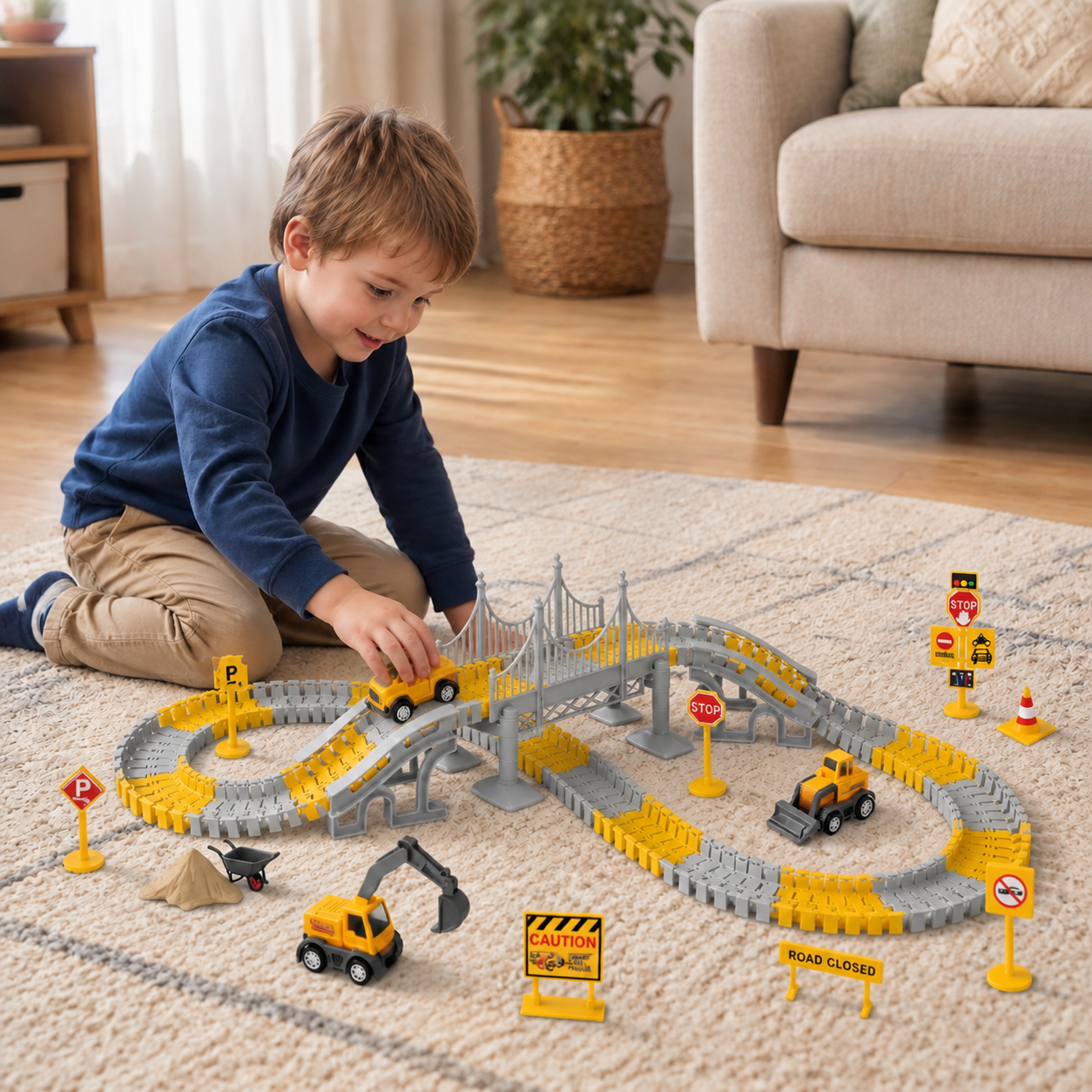 Construction Truck Race Track Playset with Bridge, Vehicles & Road Signs