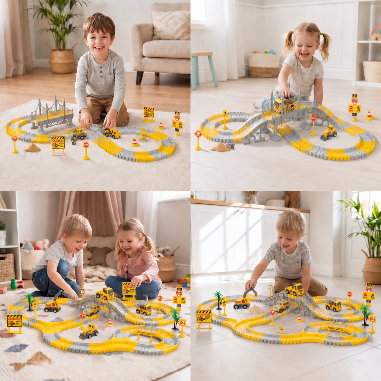 Construction Truck Race Track Playset with Bridge, Vehicles & Road Signs