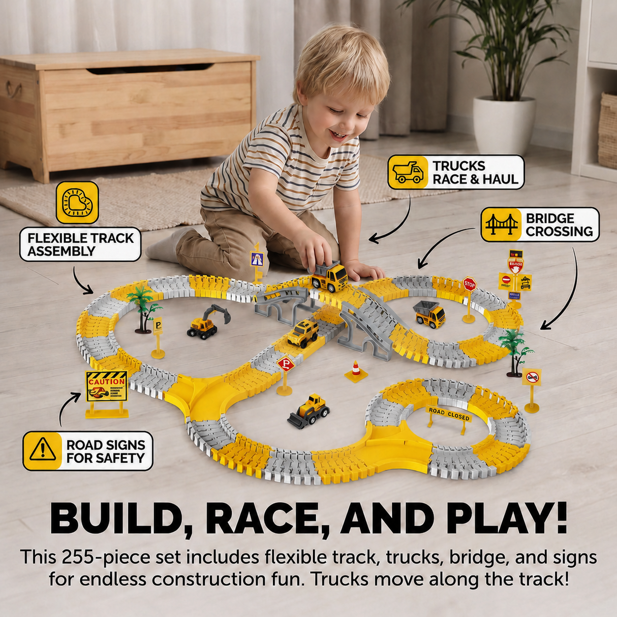 Construction Truck Race Track Playset with Bridge, Vehicles & Road Signs