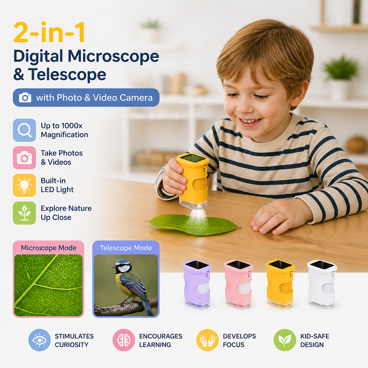 Kids’ 2-in-1 Digital Microscope & Telescope with Photo and Video Camera