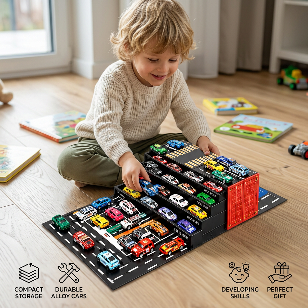 48-Piece Mini Die-Cast Pull-Back Car Set with Storage Container Box