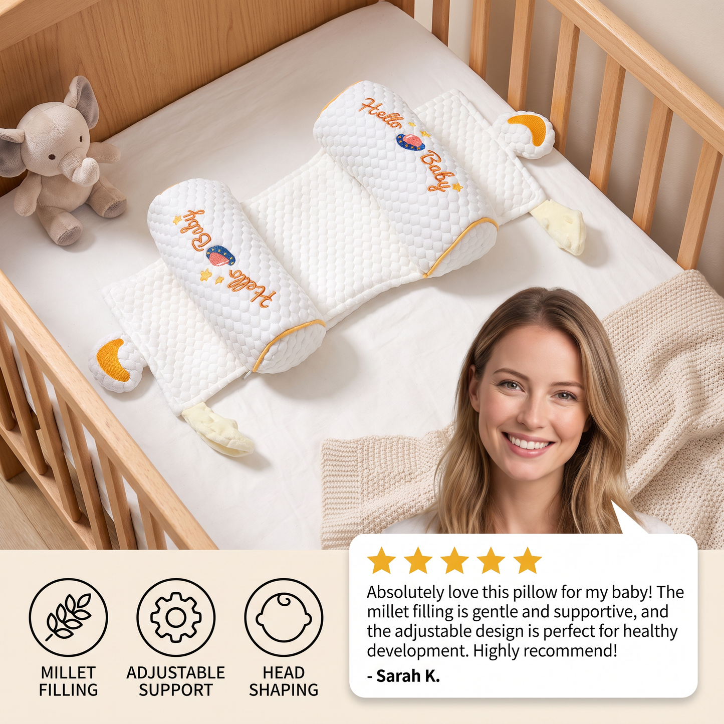 Adjustable Baby Head Shaping Pillow with Millet Filling