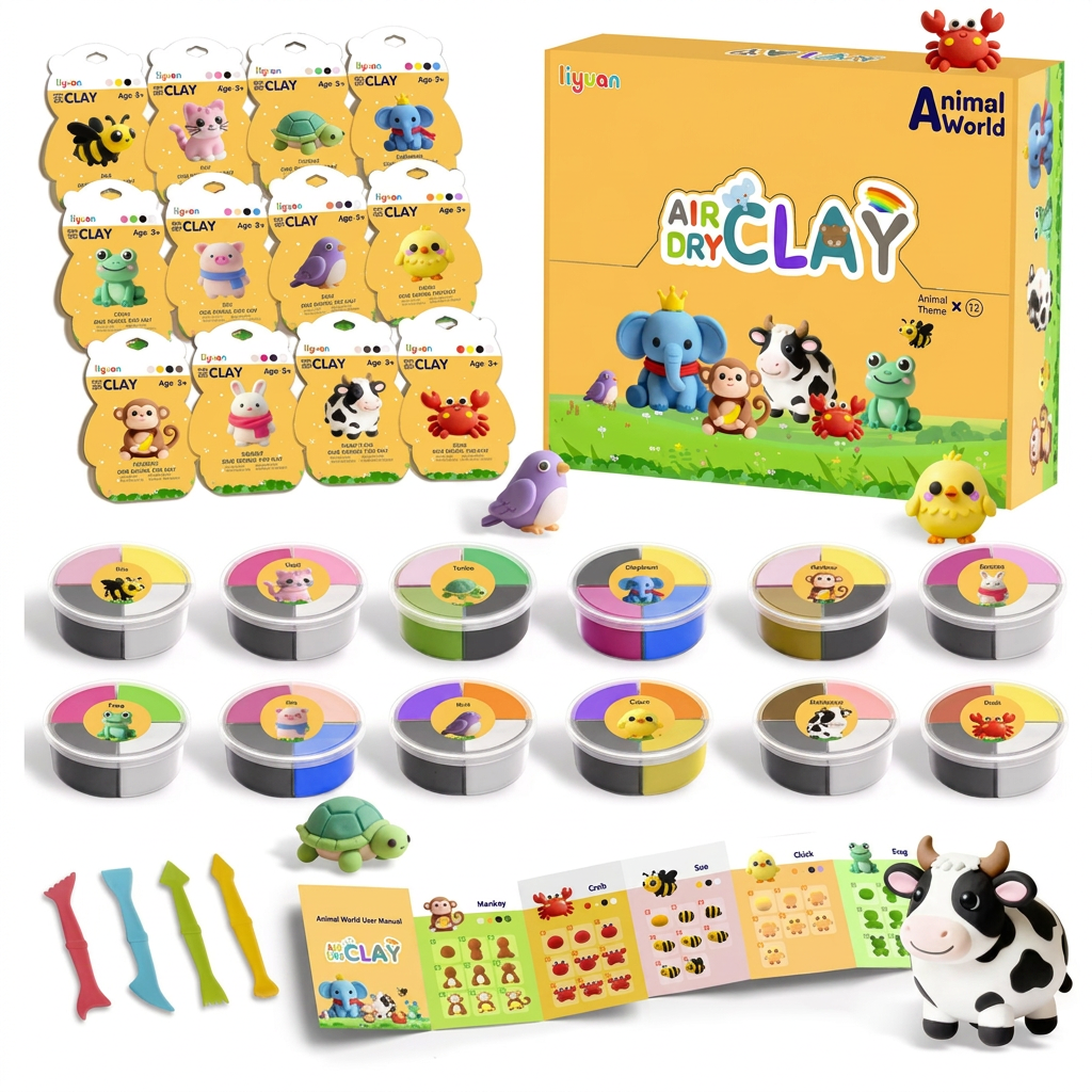 12-Piece Air Dry Clay Animal Craft Kit for Kids