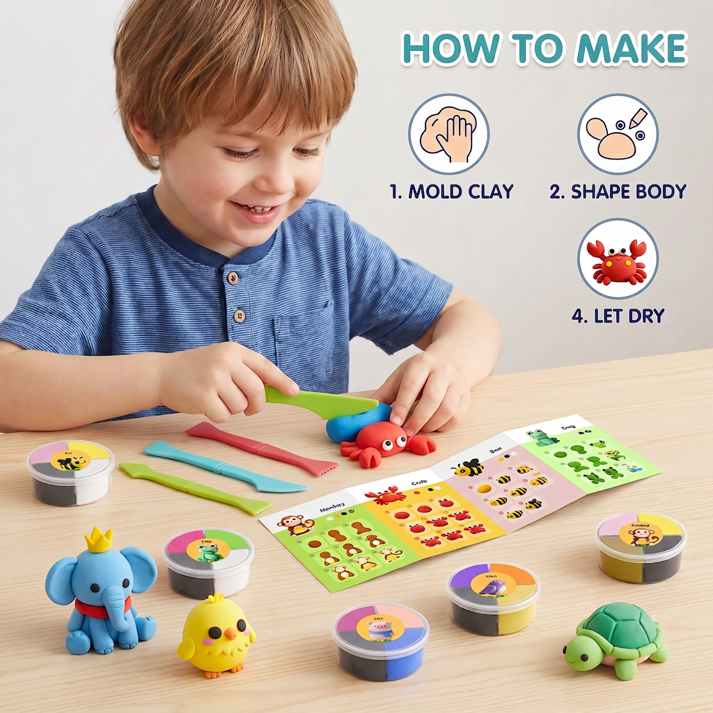 12-Piece Air Dry Clay Animal Craft Kit for Kids
