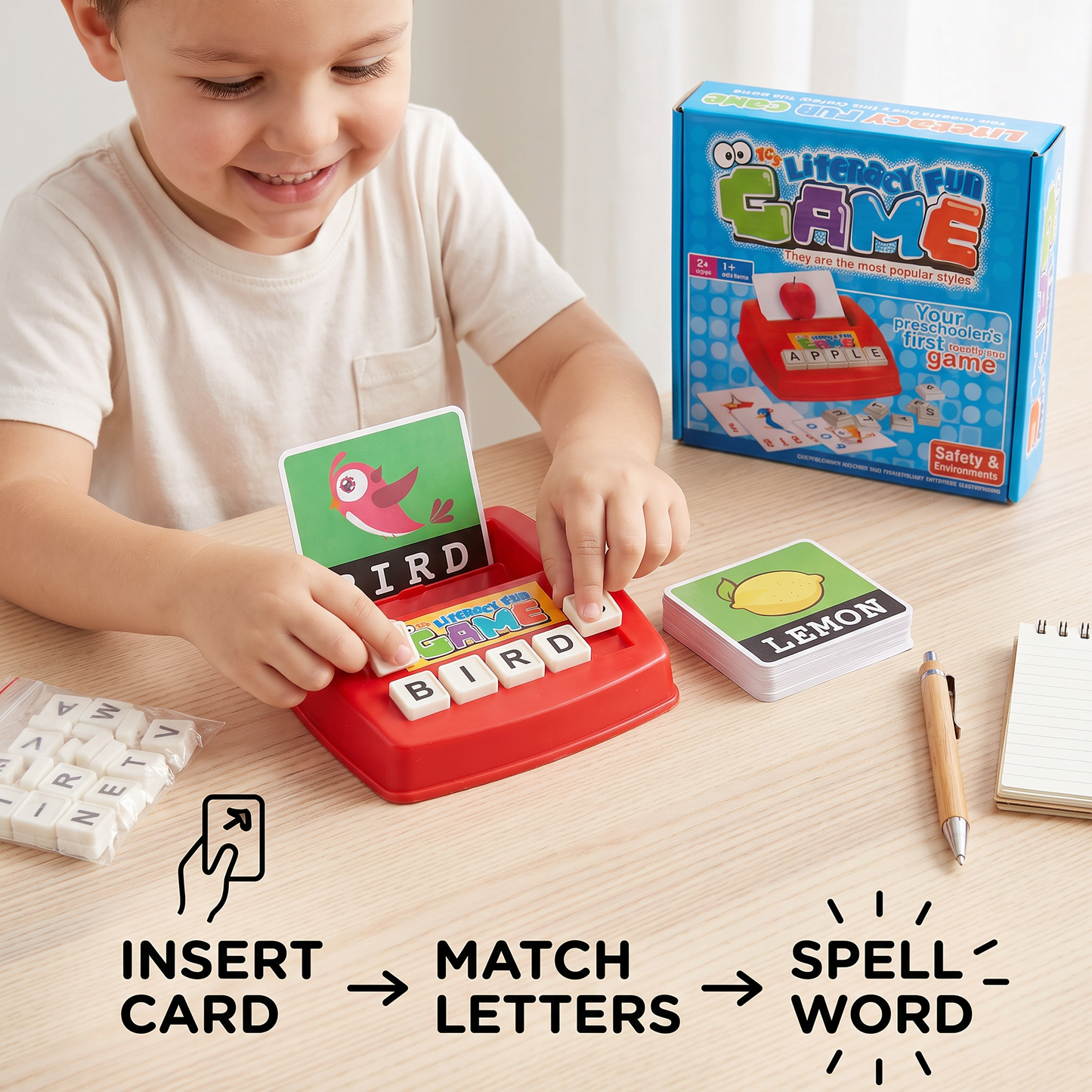 Interactive Spelling & Word Matching Game – Preschool Literacy Learning Toy with Picture Cards & Letter Tiles