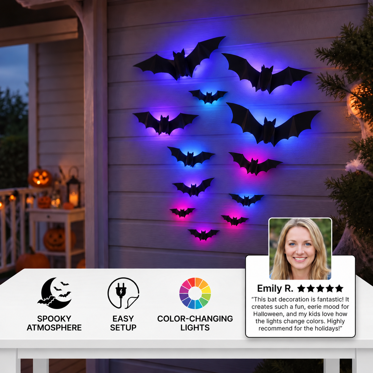 3D LED Halloween Bat Wall Decoration with Color-Changing Lights
