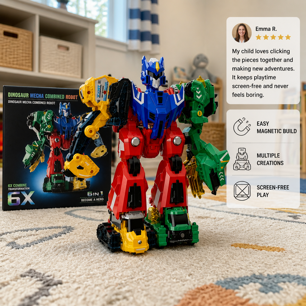 6-in-1 Magnetic Transforming Toy – Build 6 Vehicles, 3 Dinosaurs & 1 Robot