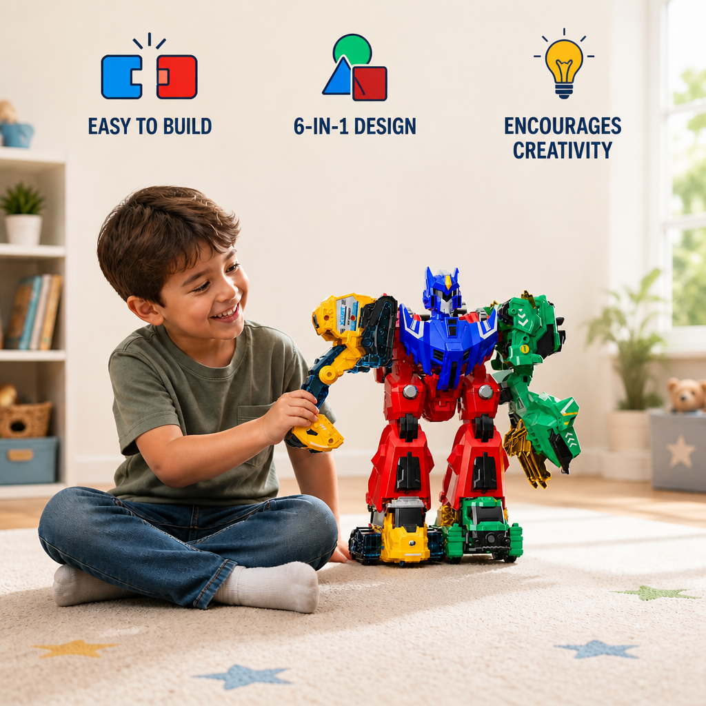 6-in-1 Magnetic Transforming Toy – Build 6 Vehicles, 3 Dinosaurs & 1 Robot