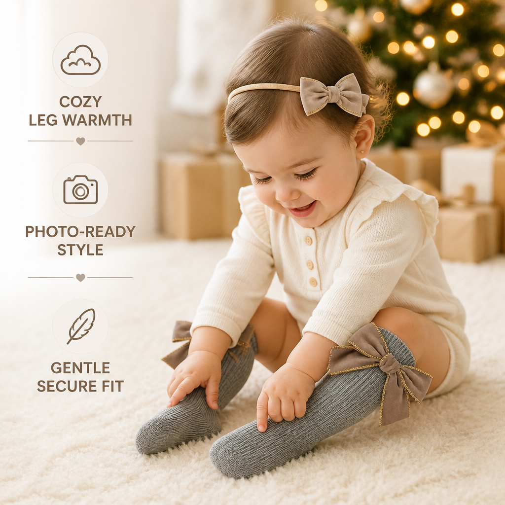 Baby Girls’ Christmas Knee-High Socks with Velvet Bows