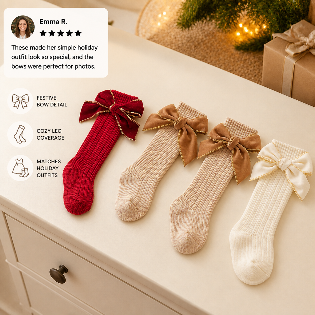 Baby Girls’ Christmas Knee-High Socks with Velvet Bows