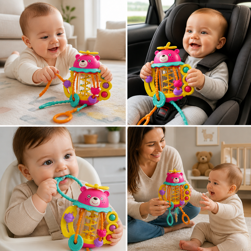3-in-1 Multi-Sensory Pull-String Teething Toy with Rattle & Rain Sounds for Babies