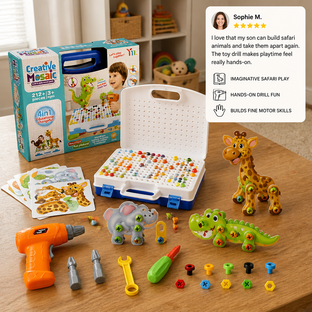 Safari Animal Building Block Set with Electric Toy Drill for Kids