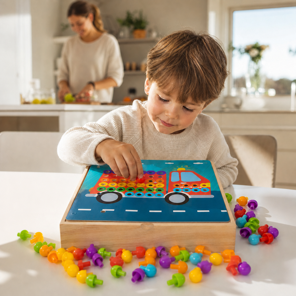 4-in-1 Montessori Wooden Sensory Activity Travel Board Box with Gears & Colorful Pegs