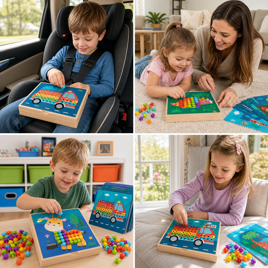 4-in-1 Montessori Wooden Sensory Activity Travel Board Box with Gears & Colorful Pegs