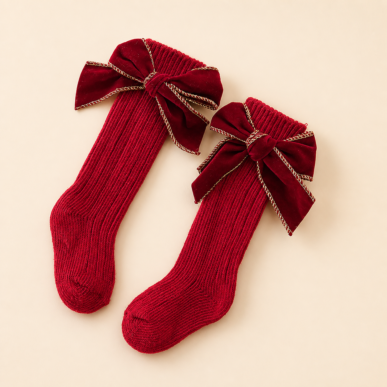Baby Girls’ Christmas Knee-High Socks with Velvet Bows