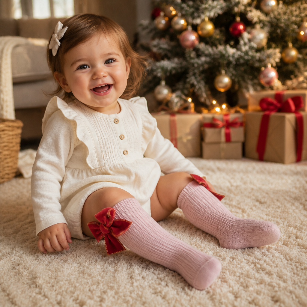 Baby Girls’ Christmas Knee-High Socks with Velvet Bows