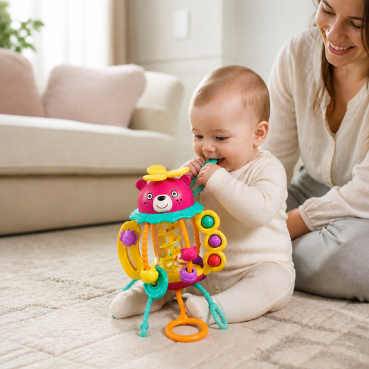 3-in-1 Multi-Sensory Pull-String Teething Toy with Rattle & Rain Sounds for Babies