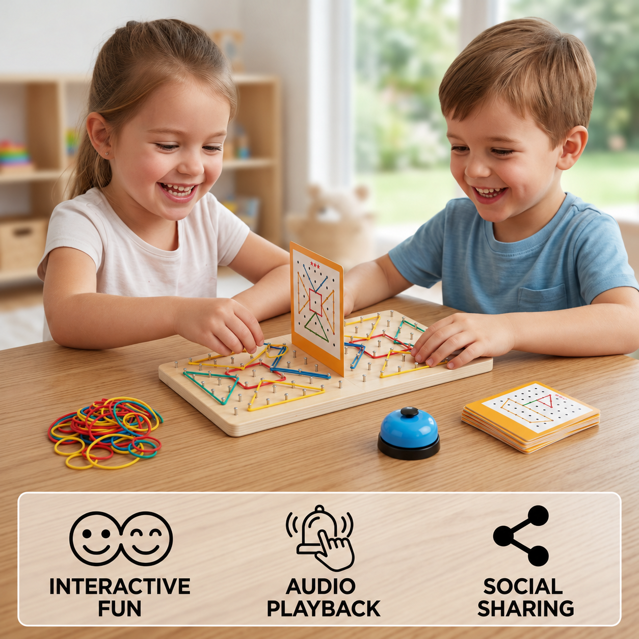Montessori Wooden Geometry Battle Game with Colorful Rubber Bands