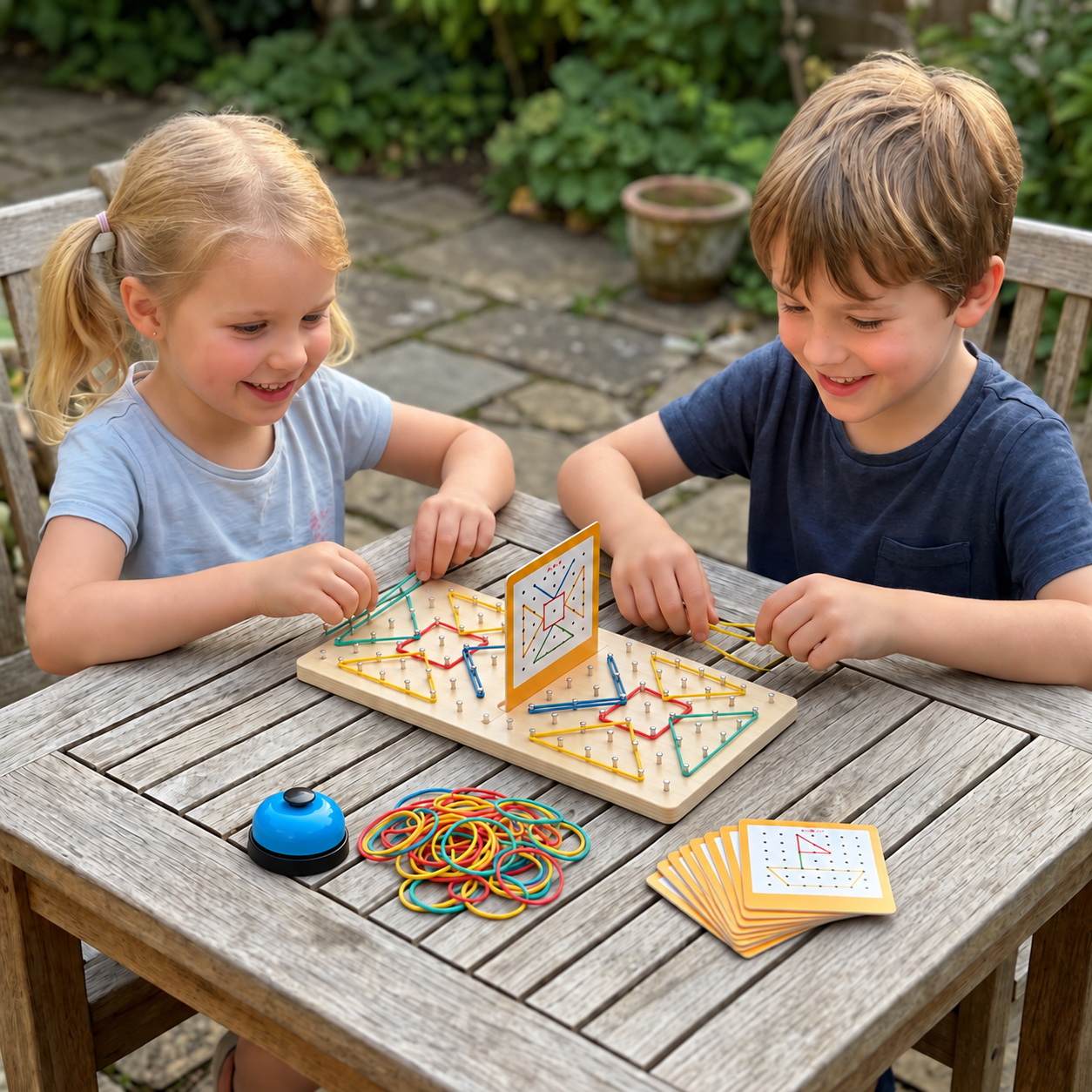 Montessori Wooden Geometry Battle Game with Colorful Rubber Bands