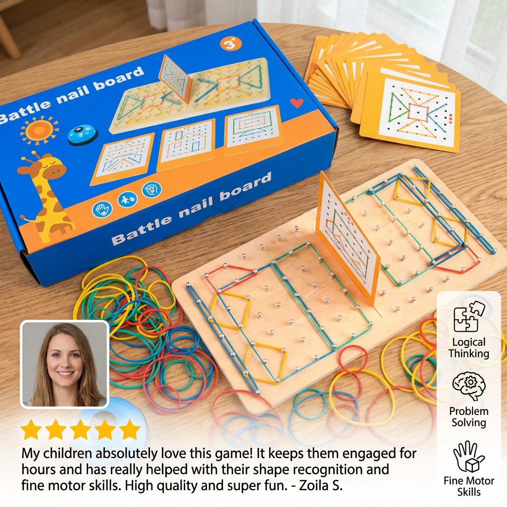 Montessori Wooden Geometry Battle Game with Colorful Rubber Bands