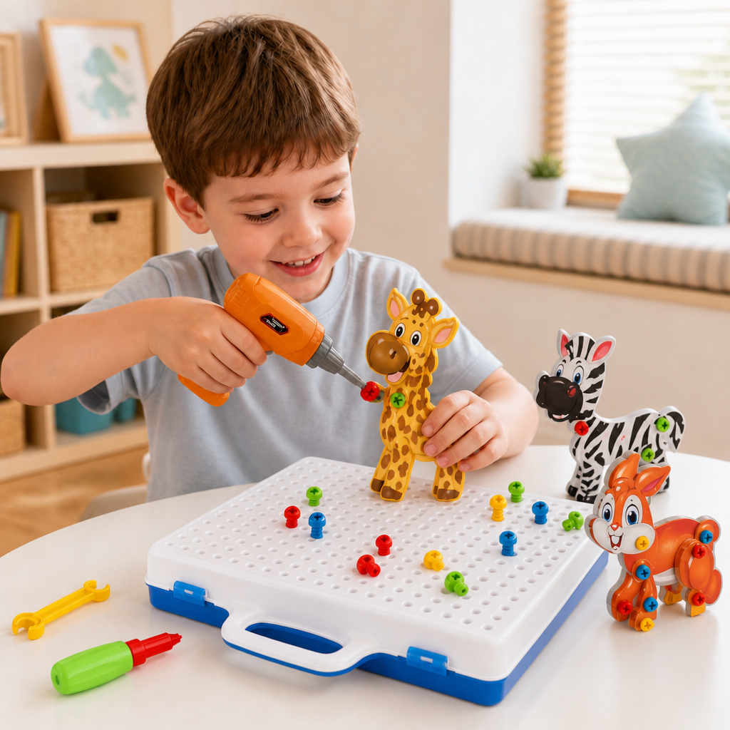 Safari Animal Building Block Set with Electric Toy Drill for Kids