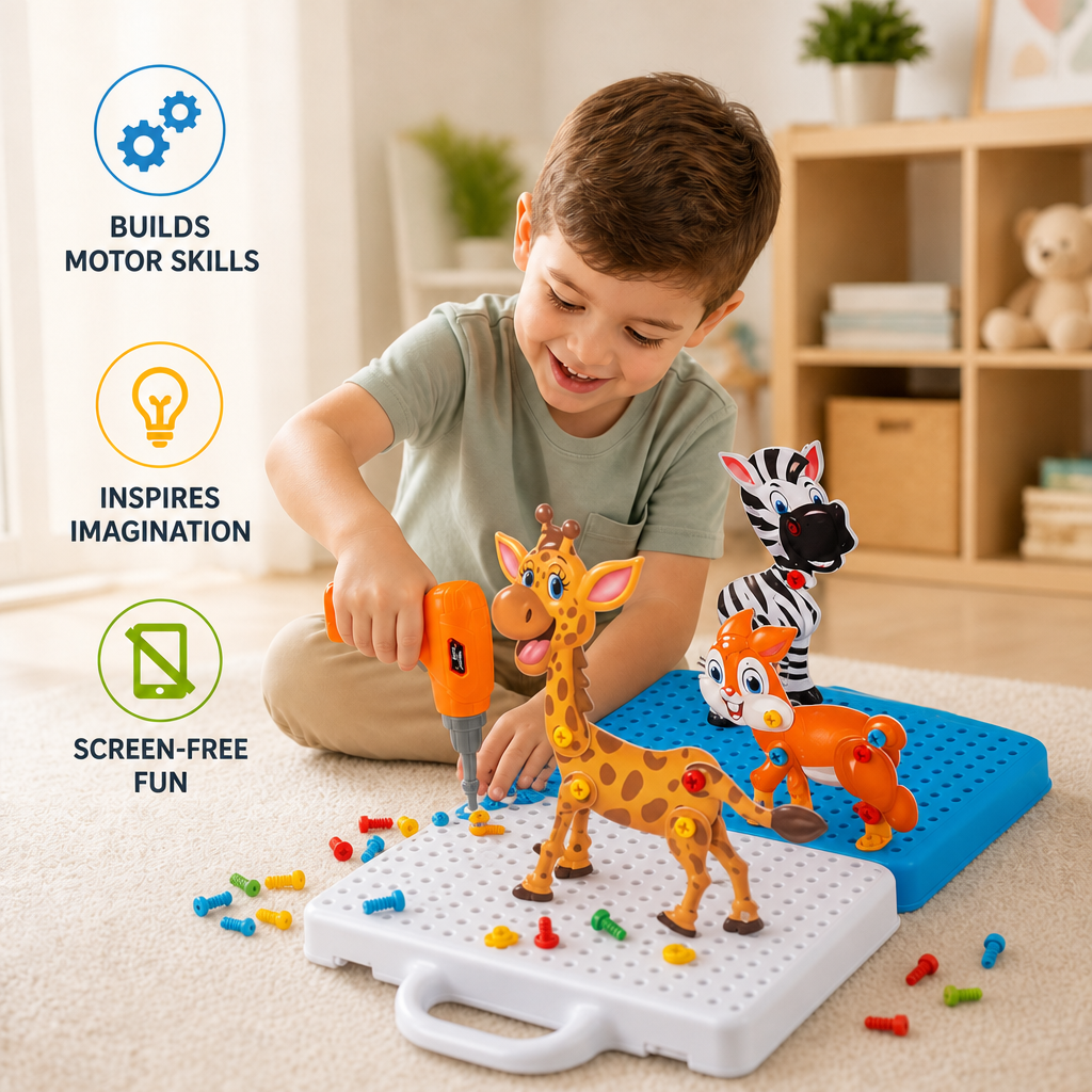 Safari Animal Building Block Set with Electric Toy Drill for Kids